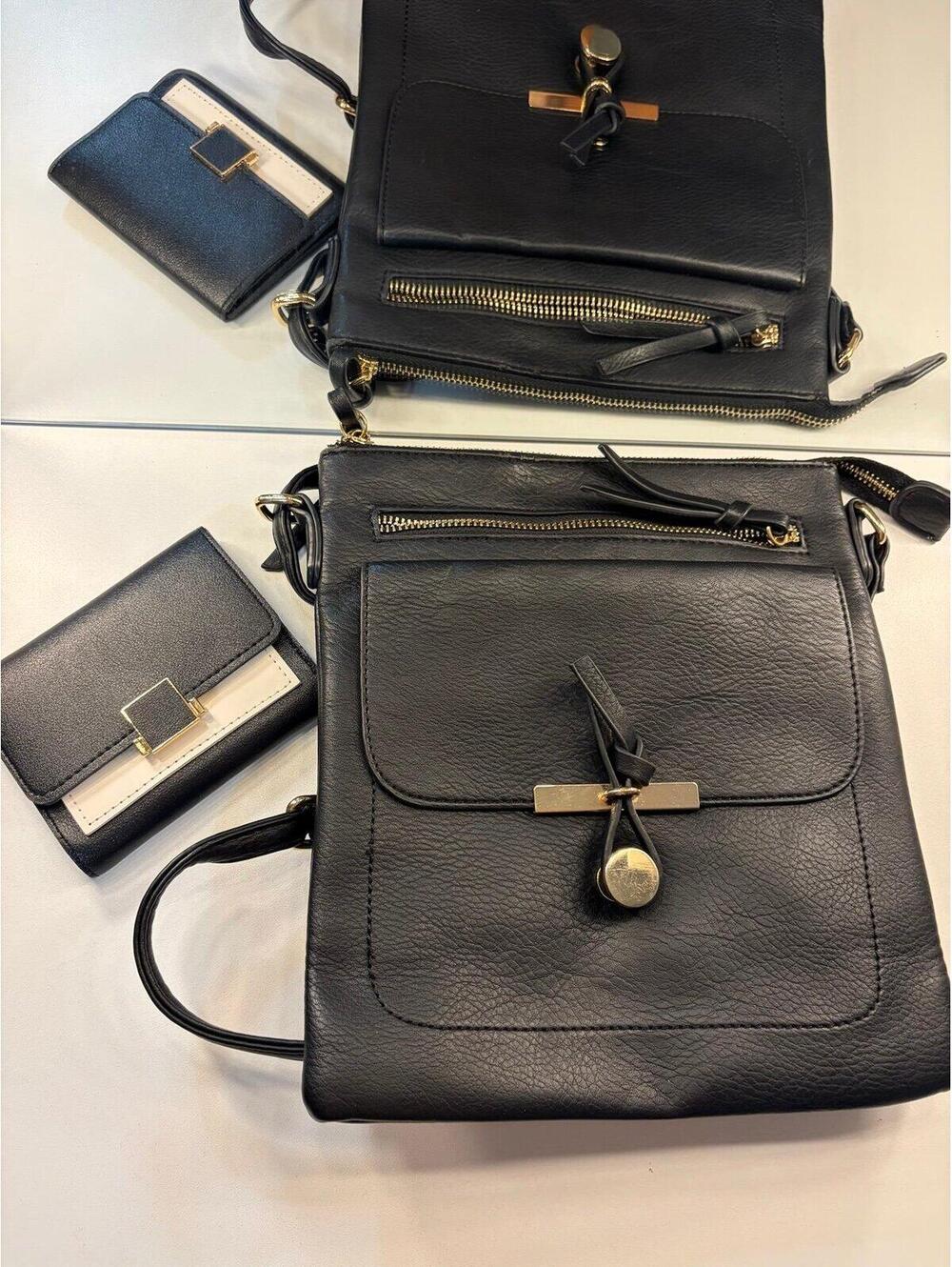Black Faux Leather Crossbody Bag &  Wallet Set – Gold/ black